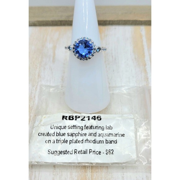 Lab created blue sapphire & aquamarine, Triple Plated Rhodium Size 6 RBP2146 - Picture 7 of 8
